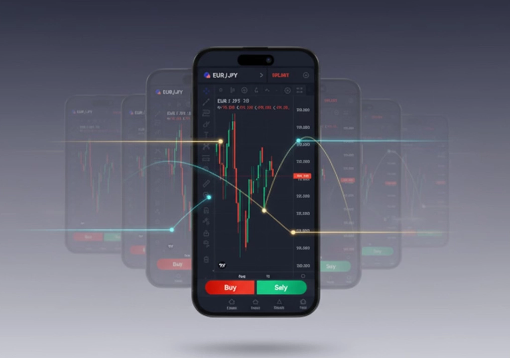 Dotbig – Mobile trading app interface showing forex candlestick chart with buy and sell buttons